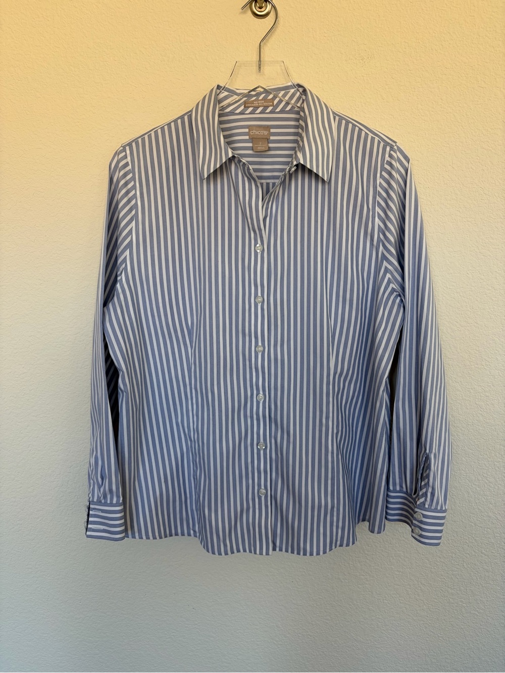 Chico's No Iron Coolmax All Season Blue and White Stripe Button-Down Shirt | L
